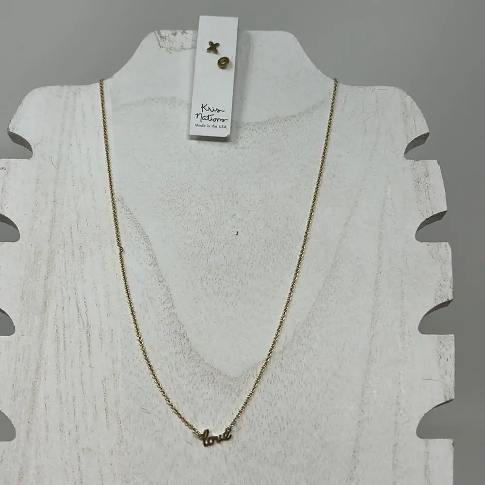 Kris Nations 2 Pc Gold Tone LOVE Necklace & Earrings NWT  Size 16-18 inches